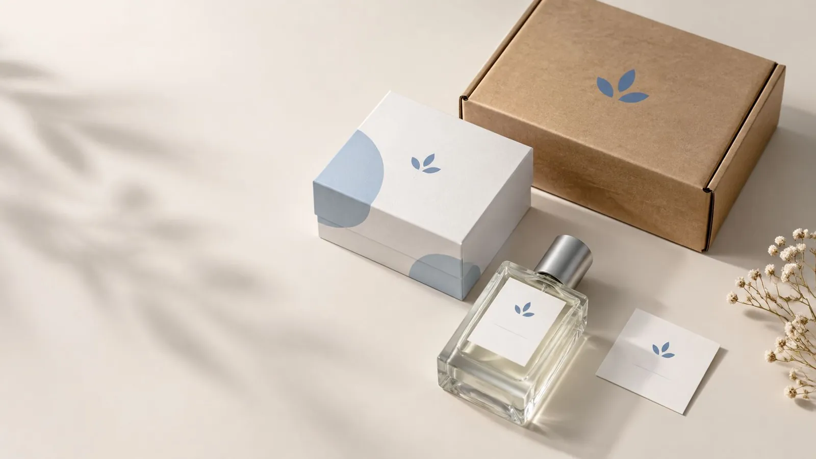 Exemple de kit : étiquette, coffret et boîte e-commerce aux couleurs d'une marque de parfum